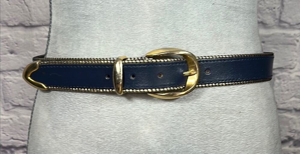 Vintage 90's Pellateri Navy Blue Leather Belt with Gold Buckle